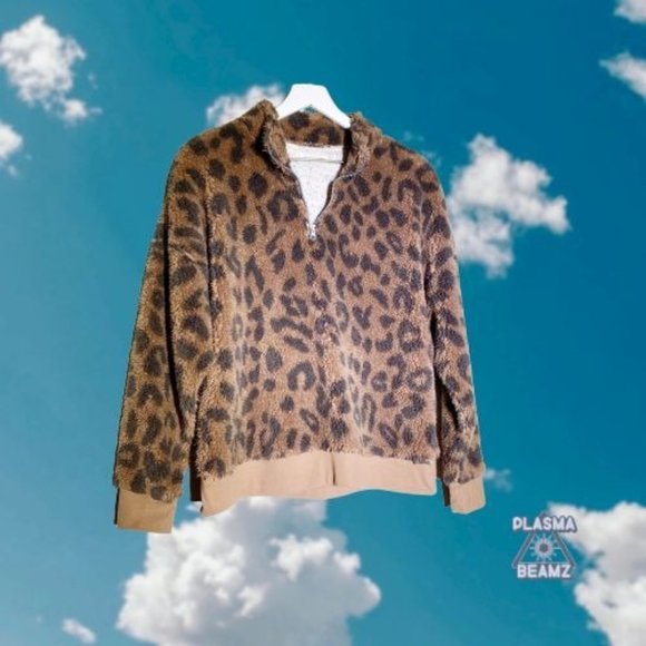 Grayson/Threads Leopard Print Teddy Zip Neck Pullover XL - Picture 1 of 15
